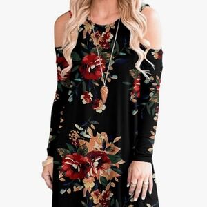 HAOMEILI Womens Cold Shoulder Tunic Top T-Shirt Casual Swing Dress with Pockets